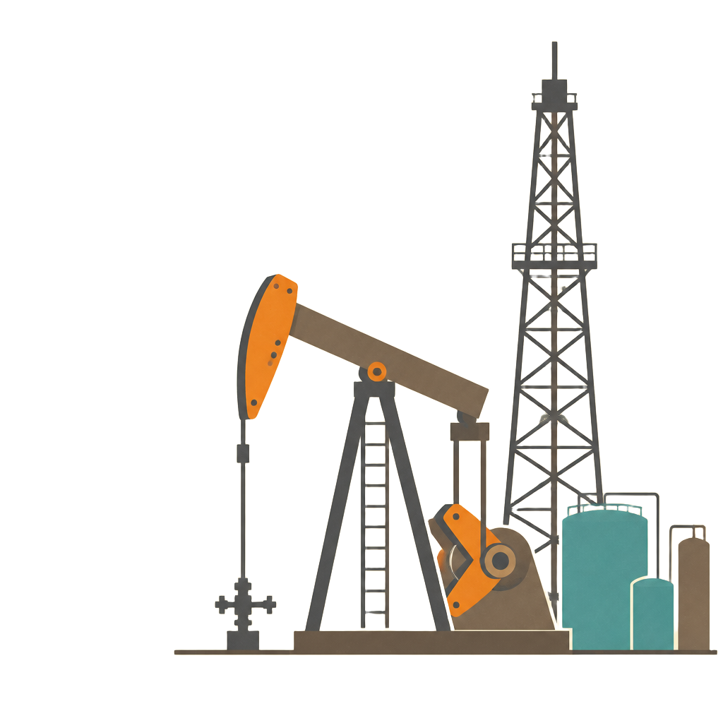 Mid-century poster illustration of a pumpjack and derrick beside storage tanks